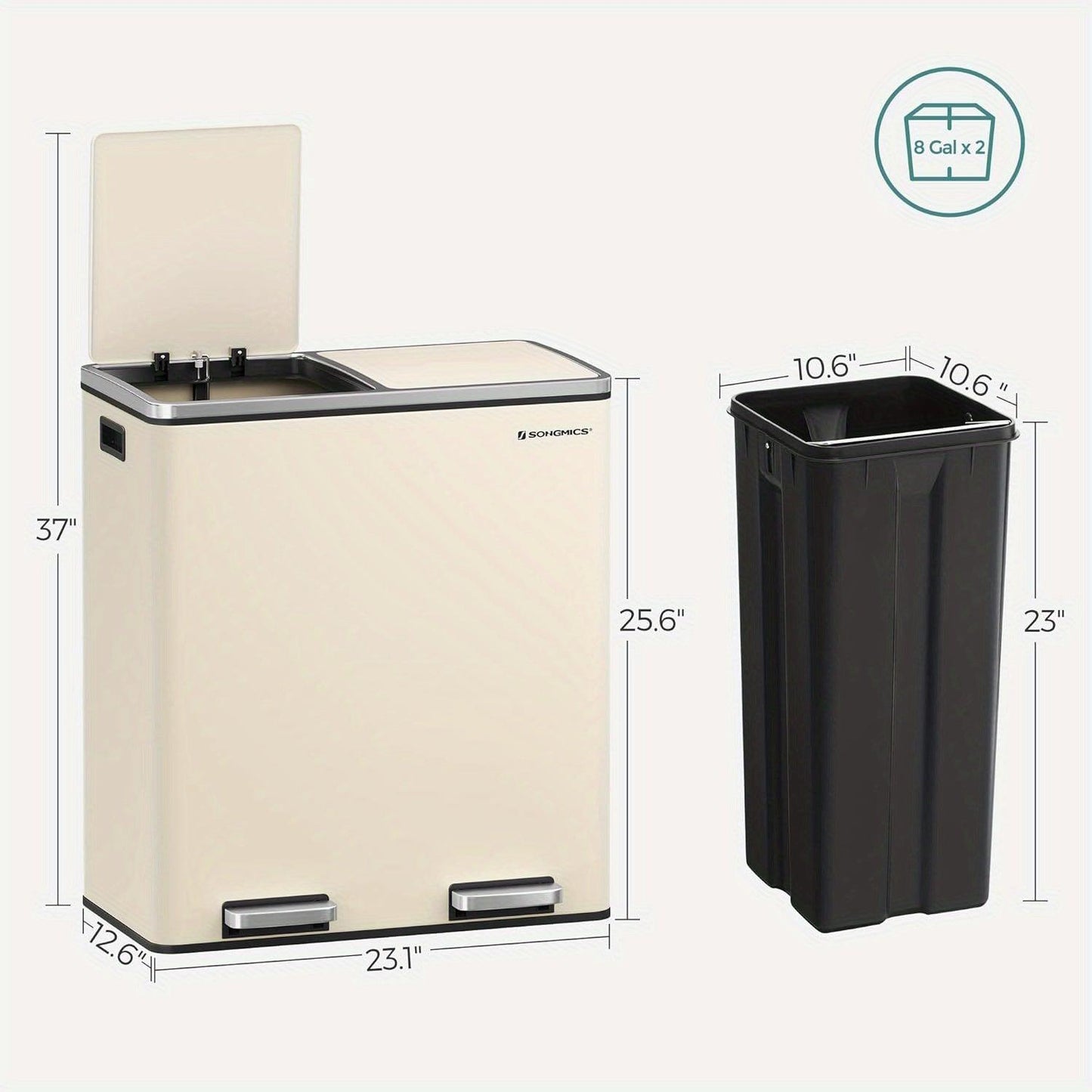 Trashcan SONGMICS, 2 x 8 Gal, with 15 Trash Bags