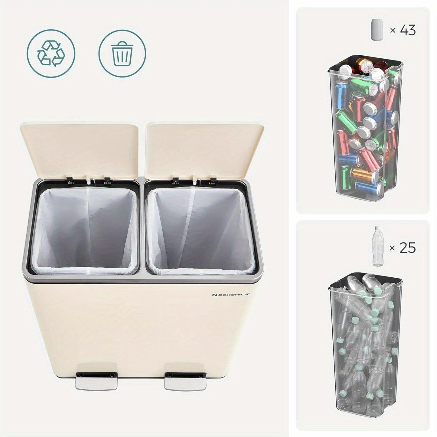 Trashcan SONGMICS, 2 x 8 Gal, with 15 Trash Bags